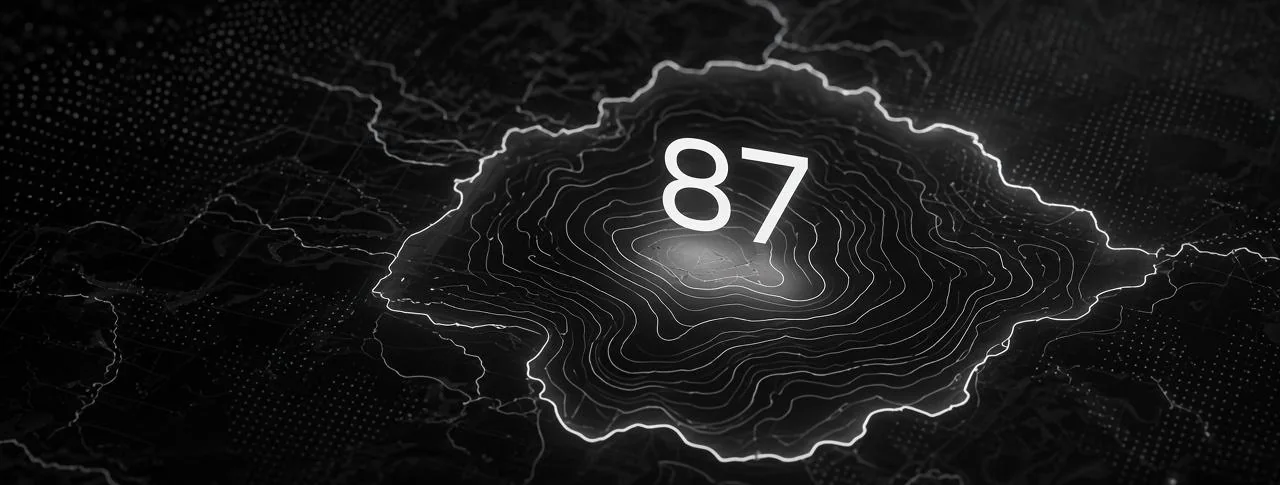 A glowing contour map of a grid region with a surplus score of 87